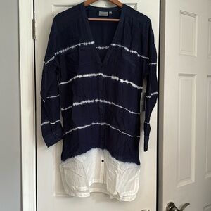 Athleta tie-dyed, striped swim cover-up, navy and white, medium